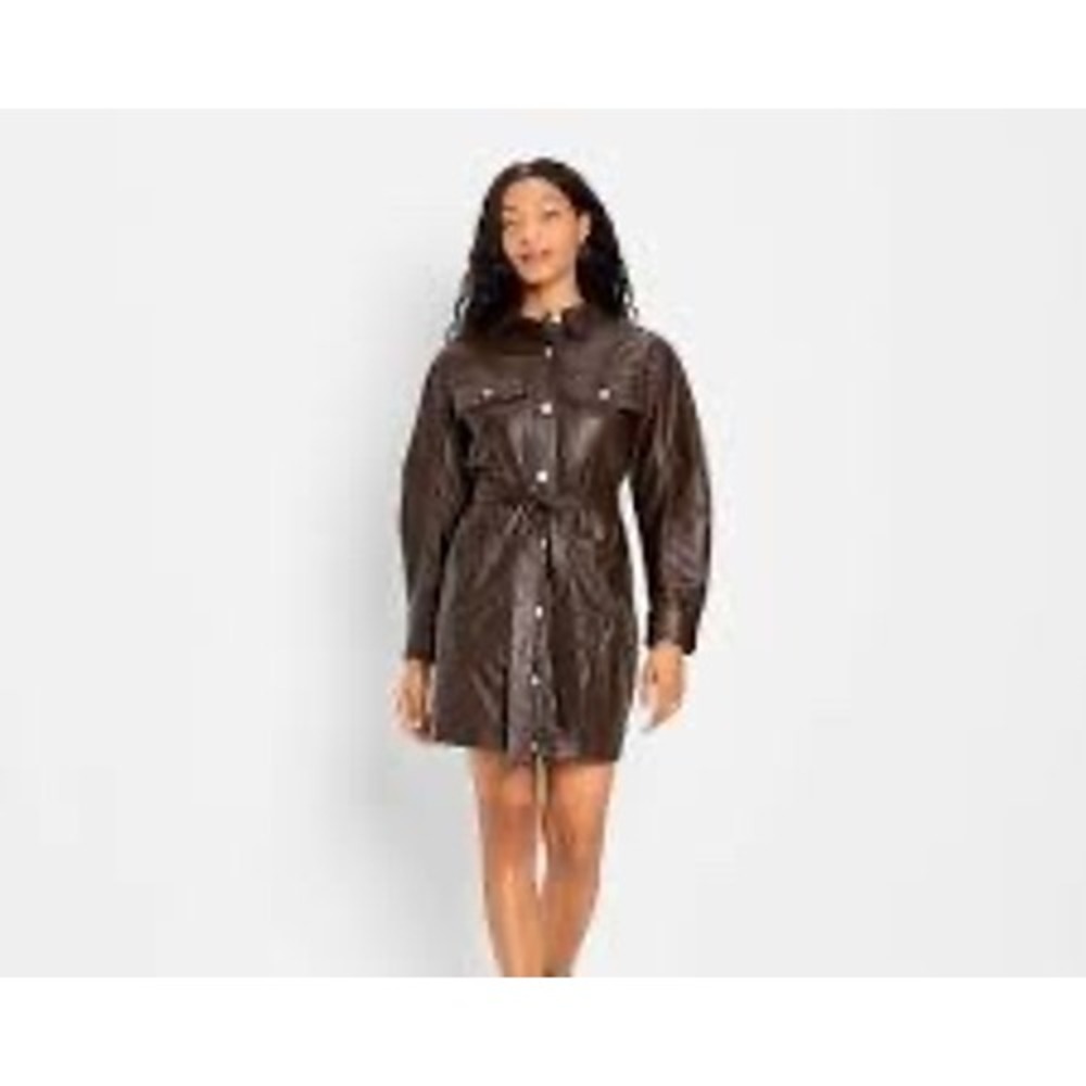 Wild Fable Brown Faux Leather Long Sleeve Mini Shirt Dress with Belt XS